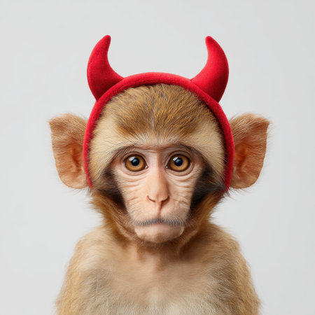 This adorable monkey with playful red devil horns showcases a humorous and charming personality, making for a delightful and engaging animal portrait perfect for various creative projects.の素材