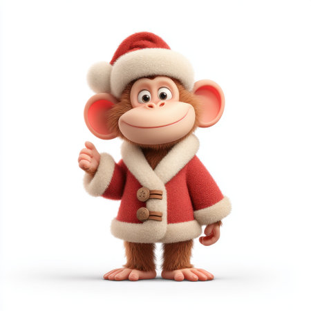 A delightful cartoon monkey in a festive red coat and Santa hat waves cheerfully, capturing the essence of holiday joy and playful spirit for seasonal celebrations.の素材