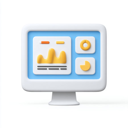 A vibrant computer monitor showcases graphs and visualizations on a blue background, symbolizing modern technology and data analysis in a sleek design.の素材