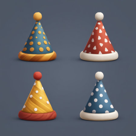 A collection of colorful party hats featuring playful polka dots and stripes, perfect for adding a festive touch to any celebration or special event.の素材