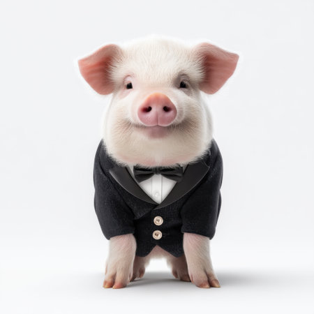 This charming photo features a young pig dressed in a tuxedo, complete with a bow tie, radiating joy and playfulness. Perfect for whimsical stock collections!の素材