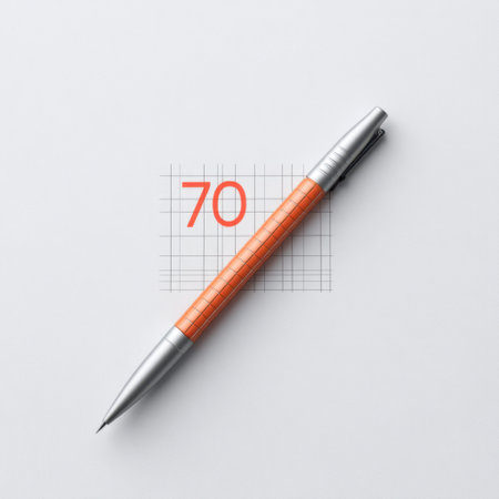 A vibrant orange ballpoint pen is elegantly placed on a light gray surface, featuring grid lines and a large number 70, ideal for creative design and organization.の素材