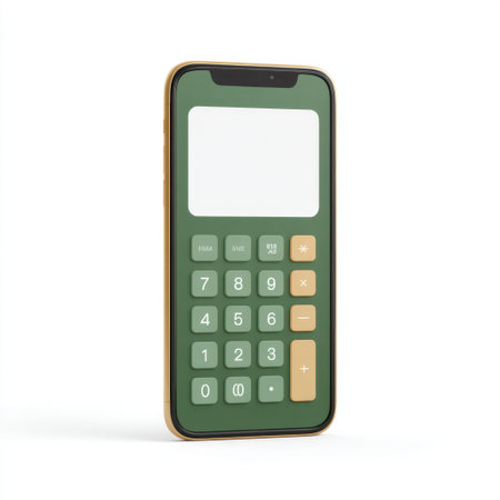 A stylish mobile phone with a green calculator interface displayed on the screen. The design emphasizes modern aesthetics and functional technology in a minimalist approach.の素材