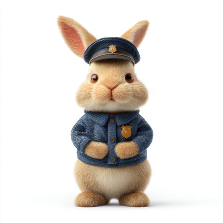 A charming scene featuring an adorable bunny dressed in a police officer uniform, complete with a cap, exuding cuteness and playfulness in a whimsical setting.の素材