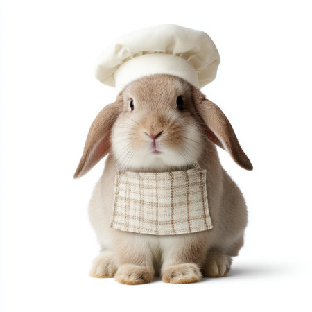 A delightful fluffy rabbit dressed as a chef brings joy and playfulness to the kitchen scene. This adorable image is perfect for culinary and animal-themed projects.の素材