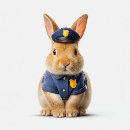 A charming and whimsical bunny dressed in a police uniform, standing upright with an adorable expression, perfect for children's illustrations and fun concepts.の素材