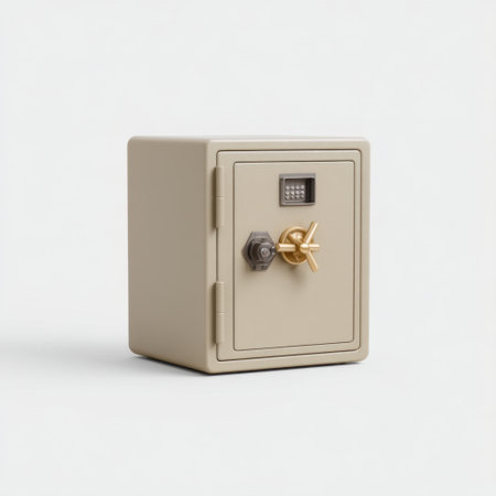 A modern security safe featuring a digital lock and a brass handle, designed to securely protect valuables and important documents in both home and office environments.の素材