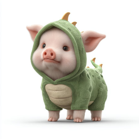 Adorable piglet dressed in a cozy green dragon hoodie with spikes, showcasing a cheerful expression. Perfect for pet lovers and whimsical photography.の素材