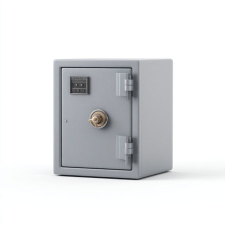 This image features a modern gray safe with a dial combination lock. It symbolizes protection and security for valuables in any personal or professional environment.の素材