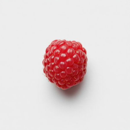 A vibrant and fresh raspberry sits alone on a clean white surface, showcasing its rich color and unique texture, ideal for health, food, and culinary projects.の素材