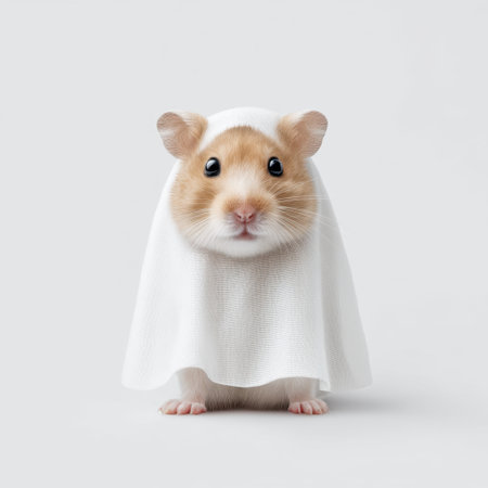 This charming image features a cute golden hamster wrapped in a white cloth, adding a playful touch to your pet photography collection. Perfect for Halloween themes!の素材