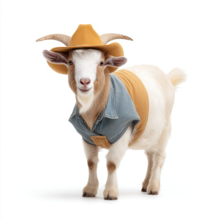 Adorable goat dressed in a cowboy hat and denim vest, radiating charm and personality against a clean studio background, perfect for whimsical animal-themed content.の素材