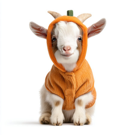 An adorable baby goat dressed in a pumpkin costume evokes joy and playfulness, perfect for Halloween celebrations. This image showcases the charm of farm animals.の素材