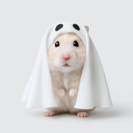 This charming hamster, dressed in a ghost costume, offers a delightful view perfect for Halloween. The light background enhances its cute, playful expression, making it an ideal pet photograph.の素材