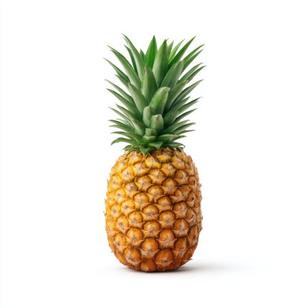 This image features a fresh pineapple with vibrant yellow skin and green leaves on a pure white background, making it perfect for food-related projects and culinary themes.の素材