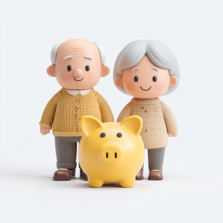 An adorable illustration featuring a happy elderly couple beside a bright yellow piggy bank, representing the importance of saving and financial well-being.の素材