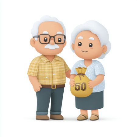Illustrative cartoon of a joyful elderly couple, featuring stylish glasses and light gray hair, sharing a money bag marked fifty, celebrating financial milestones and joy.の素材