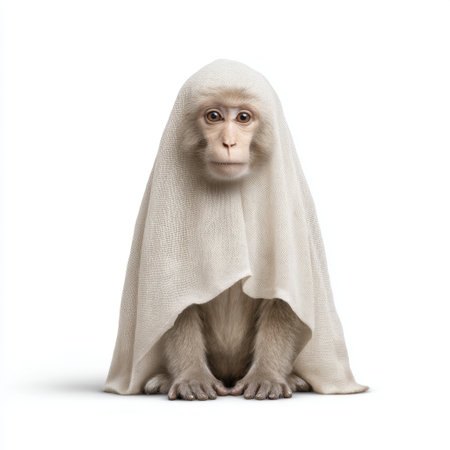 A charming monkey wrapped in a soft white blanket showcases innocence and curiosity. Its big expressive eyes create a heartwarming and engaging portrait.の素材