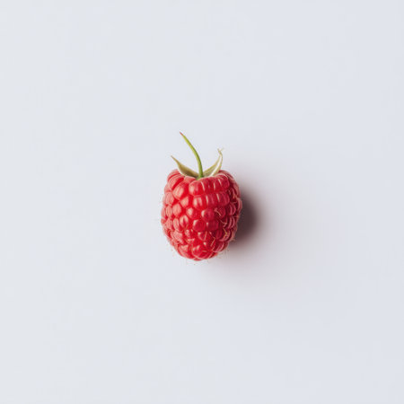 A vibrant red raspberry sits on a clean white background, highlighting its fresh and juicy appeal. Ideal for food photography, healthy recipes, and summer themes.の素材