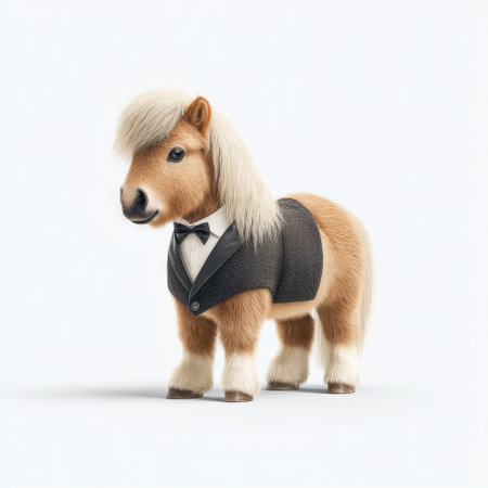 This charming miniature horse in a tuxedo brings a playful and whimsical touch to any pet photography collection, perfect for humor or unique portraits.の素材