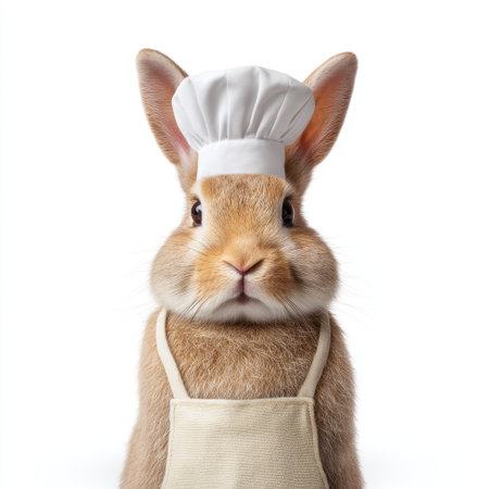 This charming rabbit in a chef's hat and apron epitomizes culinary creativity, perfect for any playful cooking theme or whimsical culinary project.の素材