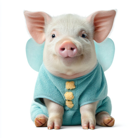 This charming baby pig wears a delightful blue costume with elephant wings, radiating joy and innocence in a playful and whimsical setting.の素材
