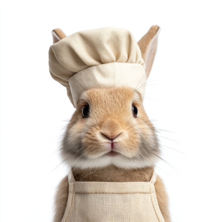 Adorable rabbit dressed as a chef, wearing a hat and apron, exuding charm and playfulness. Ideal for food-themed projects or whimsical animal photography.の素材
