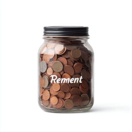 A clear jar filled with copper coins represents savings and financial management. This image symbolizes budgeting and investment concepts, ideal for financial content.の素材