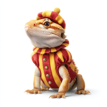 A whimsical lizard dressed in a vibrant circus costume features a playful pose and comical expression, showcasing its unique charm and personality in a studio environment.の素材