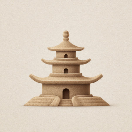 A stunning sand sculpture depicting a traditional Asian pagoda, showcasing intricate details and soft textures. This minimalist artwork exudes tranquility and elegance.の素材
