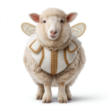 Explore a delightful image of a fluffy sheep wearing angel wings, radiating charm and playfulness, ideal for whimsical and nature-themed creative projects.の素材