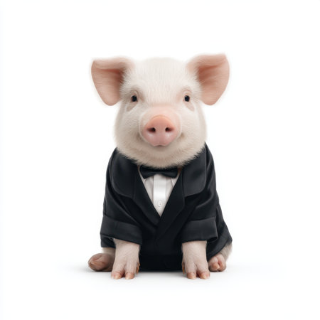 A charming pig dressed in a tailored tuxedo showcases a playful character in this unique portrait. Perfect for themes of humor, fashion, and whimsical representation.の素材