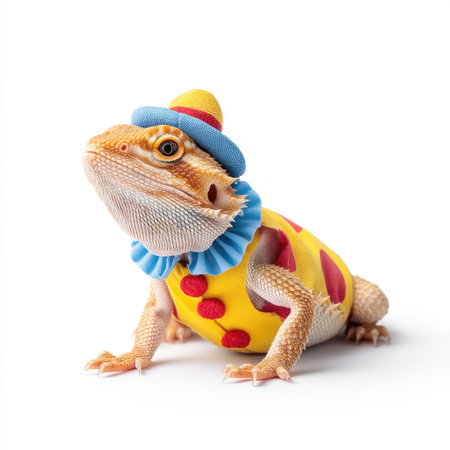 This charming bearded dragon wearing a colorful clown costume and hat brings playful energy to the scene, showcasing the unique bond between pets and creativity.の素材