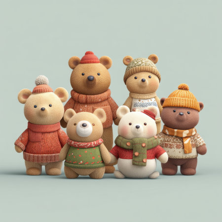 A charming collection of cartoon bear characters wearing colorful winter attire, ideal for children's projects, festive themes, and playful artwork.の素材