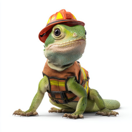 This adorable lizard dressed in a construction outfit captures attention with its playful nature, showcasing safety gear in an engaging way for creative projects.の素材
