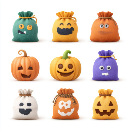 This vibrant collection features playful Halloween-themed bags and pumpkins with cartoon-like faces, ideal for festive decorations and seasonal celebrations.の素材