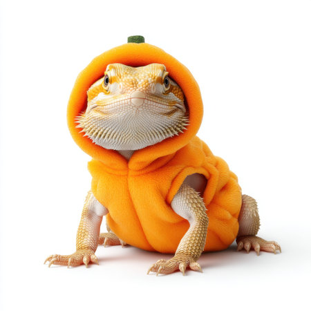 This charming image features a bearded dragon dressed in a playful pumpkin hoodie, bringing a whimsical touch to autumn and Halloween pet photography.の素材