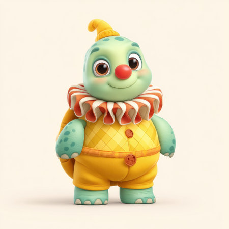 A delightful animated clown character with green skin and a cheerful expression, wearing a bright yellow outfit and playful accessories, perfect for children's themes.の素材