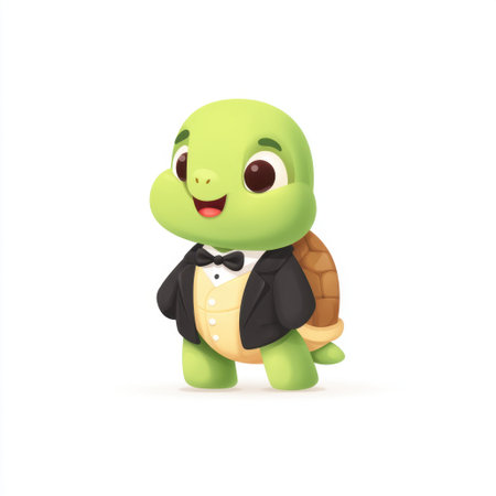 This adorable cartoon turtle character in a tuxedo brings joy and charm, making it ideal for children's projects, animations, and playful themes.の素材