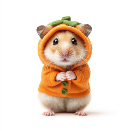 This cute hamster in an orange pumpkin costume brings joy and whimsy to any autumn celebration. Perfect for pet lovers and seasonal festivities.の素材