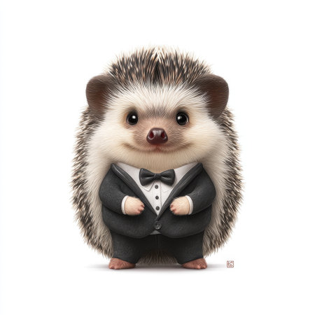 This charming hedgehog in a stylish tuxedo exudes character and whimsy, making it ideal for projects focused on celebration, fun, and joyful themes.の素材