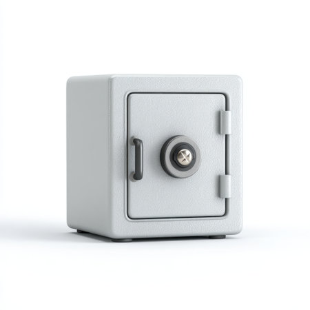 This small gray safe features a round lock and handle, perfect for securing valuables and important documents. Essential for safety and financial protection in any space.の素材