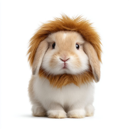 This charming portrait features an adorable bunny with a faux lion mane, showcasing its cute and playful expression that is sure to bring joy to any viewer.の素材