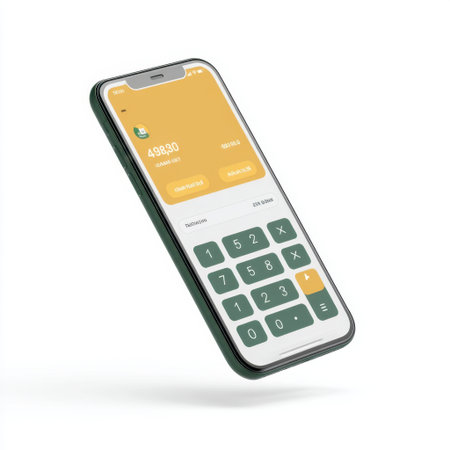 This image features a modern smartphone floating effortlessly, showcasing a vibrant calculator app interface that symbolizes innovation and style in technology.の素材