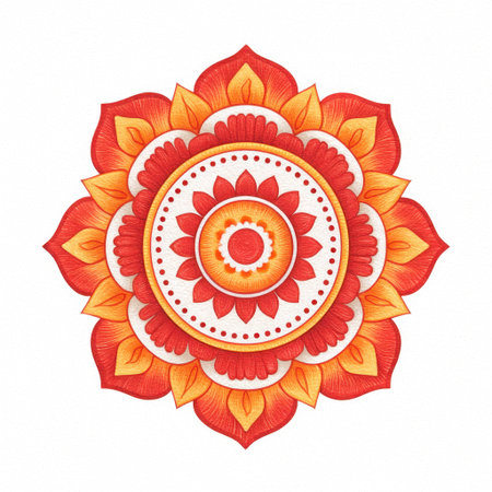 This vibrant mandala artwork features intricate floral patterns and symmetrical shapes in bright red and orange hues, perfect for creative projects and decoration.の素材