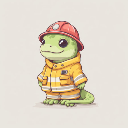 This charming illustration features a playful green lizard in a firefighter jacket and helmet, capturing a whimsical spirit perfect for children materials and creative projects.の素材