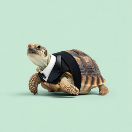 A charming turtle dressed in a tuxedo stands proudly against a soft pastel green backdrop, embodying a playful mix of elegance and humor in animal portrayal.の素材