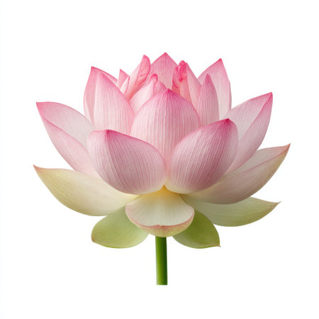 Stunning pink lotus flower displays graceful petals and a vibrant green stem against a pure white background, embodying beauty and tranquility in nature.の素材