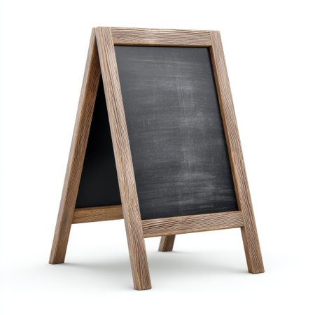 A rustic wooden A-frame chalkboard stand with a blank writing surface, ideal for menus, signs, and creative displays in cafes or outdoor events. Easy to customize.の素材