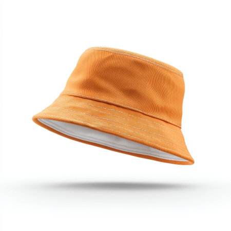A vibrant orange bucket hat floats above a clean white background, creating a striking visual contrast. This stylish accessory is perfect for summer outings or casual wear.の素材